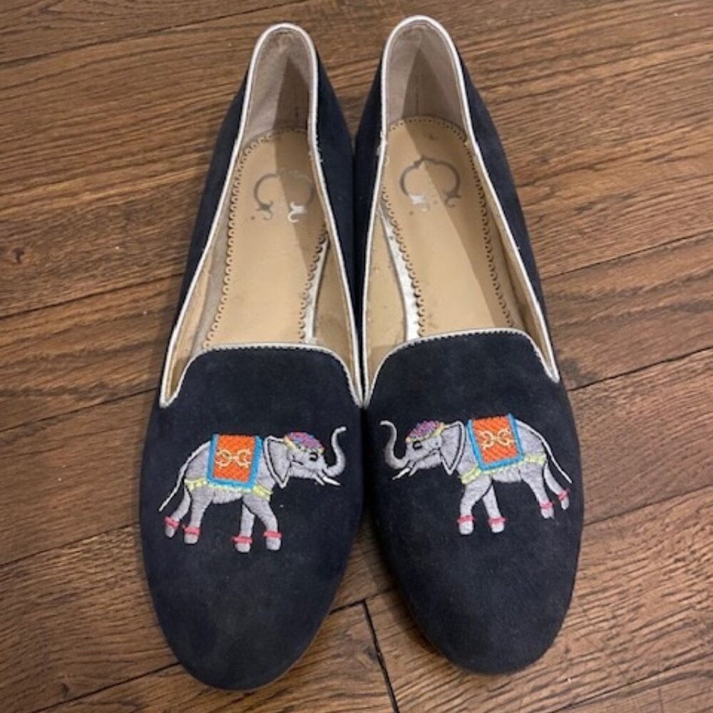 C. Wonder Blue Suede Embroidered Elephant Loafers